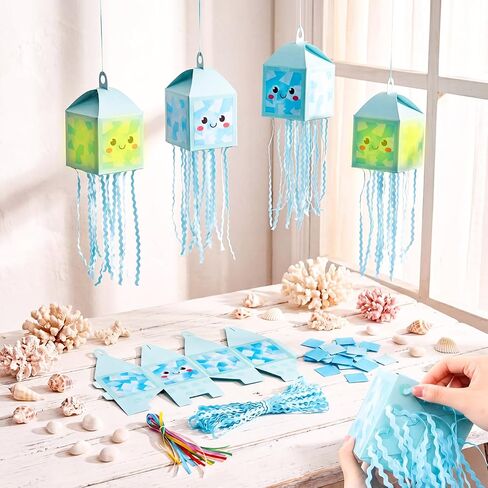 Simgoing 12 Sets Jellyfish Crafts with LED Candle Light DIY Jellyfish Lantern Tissue Paper Craft Kits Under the Sea Party Decoration Supplies for Ocean Mermaid Party Classroom Activities in Kuwait
