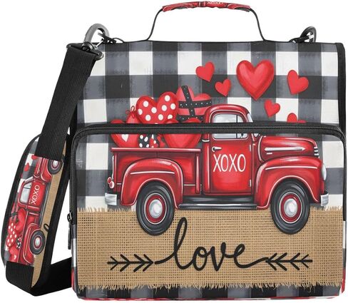 ALAZA Valentines Day Plaid Red Truck Love Zipper Binder 3 Ring Binder Organizer with Zipper and Shoulder Strap Large Capacity Multi-Pocket for Office Supplies Work in Kuwait