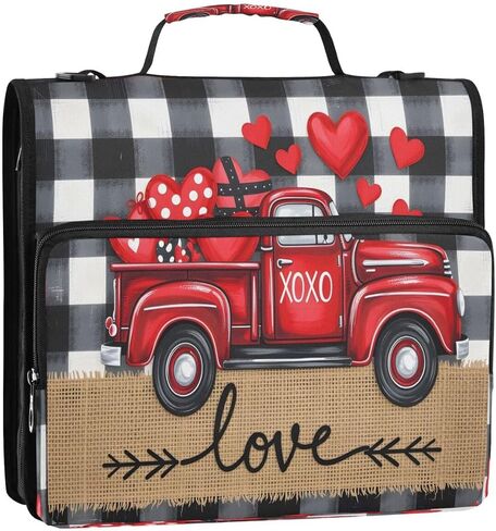 ALAZA Valentines Day Plaid Red Truck Love Zipper Binder 3 Ring Binder Organizer with Zipper and Shoulder Strap Large Capacity Multi-Pocket for Office Supplies Work in Kuwait