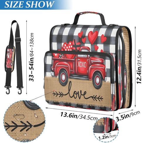 ALAZA Valentines Day Plaid Red Truck Love Zipper Binder 3 Ring Binder Organizer with Zipper and Shoulder Strap Large Capacity Multi-Pocket for Office Supplies Work in Kuwait