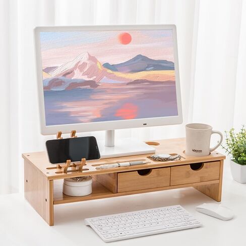 Bamboo Monitor Stand, Wooden Monitor Stand with Drawer, Wooden Laptop Stand for Office Desk with Smartphone Holder and Cable Management Holes, Office Supplies, 22X50X14 Cm in Saudi Arabia