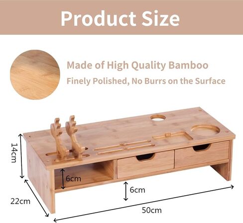Bamboo Monitor Stand, Wooden Monitor Stand with Drawer, Wooden Laptop Stand for Office Desk with Smartphone Holder and Cable Management Holes, Office Supplies, 22X50X14 Cm in Saudi Arabia