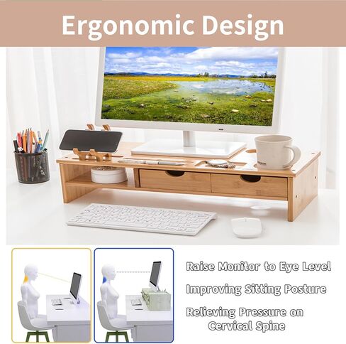 Bamboo Monitor Stand, Wooden Monitor Stand with Drawer, Wooden Laptop Stand for Office Desk with Smartphone Holder and Cable Management Holes, Office Supplies, 22X50X14 Cm in Saudi Arabia