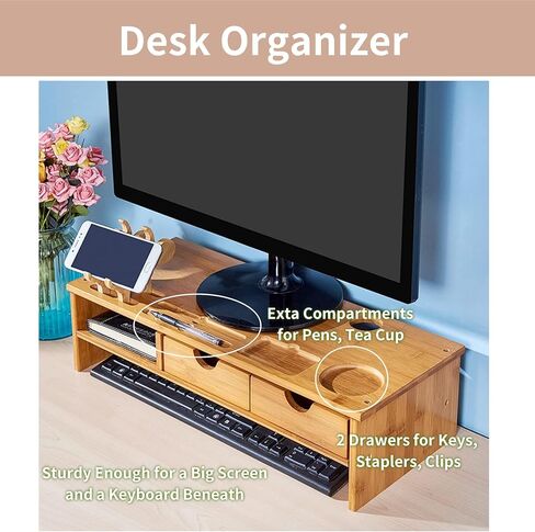Bamboo Monitor Stand, Wooden Monitor Stand with Drawer, Wooden Laptop Stand for Office Desk with Smartphone Holder and Cable Management Holes, Office Supplies, 22X50X14 Cm in Saudi Arabia