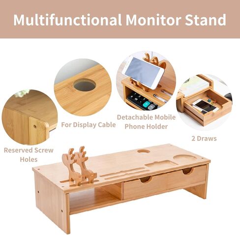 Bamboo Monitor Stand, Wooden Monitor Stand with Drawer, Wooden Laptop Stand for Office Desk with Smartphone Holder and Cable Management Holes, Office Supplies, 22X50X14 Cm in Saudi Arabia