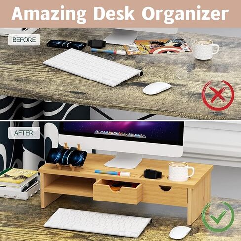 Bamboo Monitor Stand, Wooden Monitor Stand with Drawer, Wooden Laptop Stand for Office Desk with Smartphone Holder and Cable Management Holes, Office Supplies, 22X50X14 Cm in Saudi Arabia