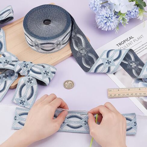 9 Yards Jacquard Ribbon Trim Rhombus Pattern Polyester Ribbon Blue Woven Embroidery Trim 2 inch Wide 0.5mm Thick Ethnic Style for Sewing Crafts Handmade Bag Belts Clothing Decoration in Saudi Arabia