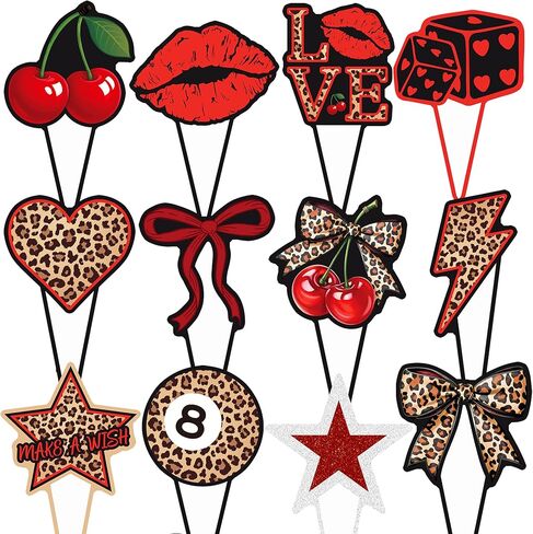 48pcs Red Cheetah Print Cupcake Toppers Y2K Cherry Leopard Party Decorations Y2K Leopard Print Cherry & Lip Cupcake Picks for Retro 2000s Themed Party Supplies in Kuwait