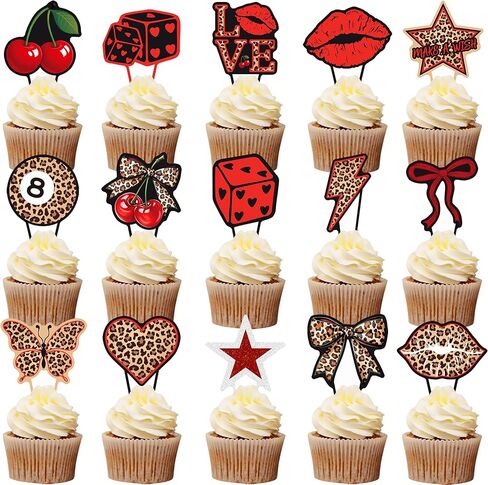 48pcs Red Cheetah Print Cupcake Toppers Y2K Cherry Leopard Party Decorations Y2K Leopard Print Cherry & Lip Cupcake Picks for Retro 2000s Themed Party Supplies in Kuwait
