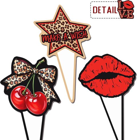 48pcs Red Cheetah Print Cupcake Toppers Y2K Cherry Leopard Party Decorations Y2K Leopard Print Cherry & Lip Cupcake Picks for Retro 2000s Themed Party Supplies in Kuwait