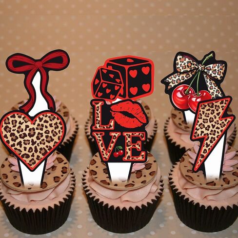 48pcs Red Cheetah Print Cupcake Toppers Y2K Cherry Leopard Party Decorations Y2K Leopard Print Cherry & Lip Cupcake Picks for Retro 2000s Themed Party Supplies in Kuwait