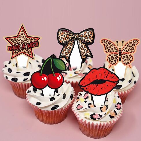 48pcs Red Cheetah Print Cupcake Toppers Y2K Cherry Leopard Party Decorations Y2K Leopard Print Cherry & Lip Cupcake Picks for Retro 2000s Themed Party Supplies in Kuwait