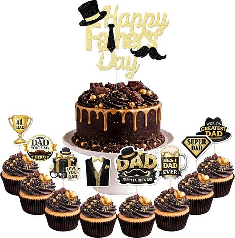 Father's Day Cake Decorations, Happy Father's Day Cupcake Toppers with Black Gold Dad Themed Decorations for Men Birthday Fathers Day Party Supplies Set– 21 Pcs(1PCS Cake + 20 Cupcake Topper) in Saudi Arabia