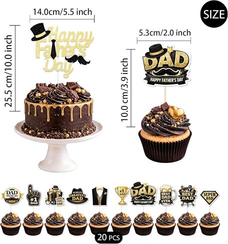 Father's Day Cake Decorations, Happy Father's Day Cupcake Toppers with Black Gold Dad Themed Decorations for Men Birthday Fathers Day Party Supplies Set– 21 Pcs(1PCS Cake + 20 Cupcake Topper) in Saudi Arabia