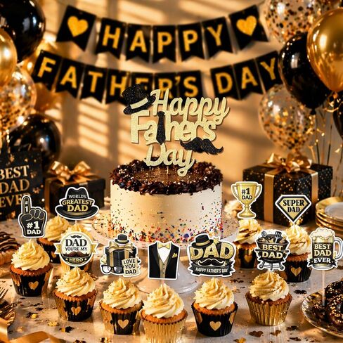 Father's Day Cake Decorations, Happy Father's Day Cupcake Toppers with Black Gold Dad Themed Decorations for Men Birthday Fathers Day Party Supplies Set– 21 Pcs(1PCS Cake + 20 Cupcake Topper) in Saudi Arabia