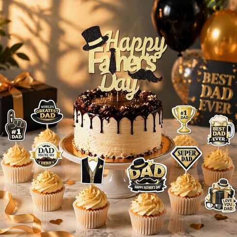 Father's Day Cake Decorations, Happy Father's Day Cupcake Toppers with Black Gold Dad Themed Decorations for Men Birthday Fathers Day Party Supplies Set– 21 Pcs(1PCS Cake + 20 Cupcake Topper) in Saudi Arabia