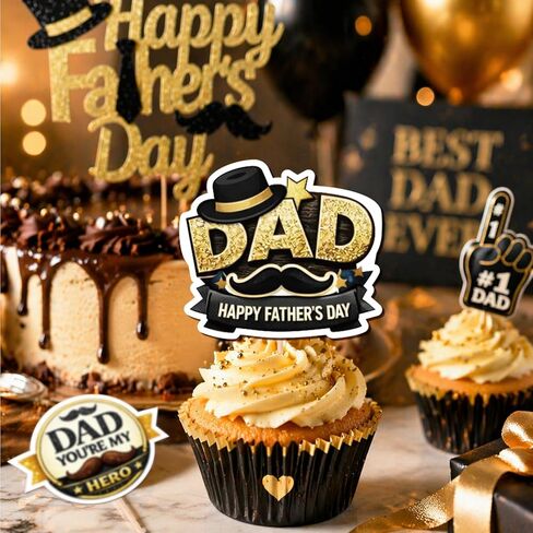Father's Day Cake Decorations, Happy Father's Day Cupcake Toppers with Black Gold Dad Themed Decorations for Men Birthday Fathers Day Party Supplies Set– 21 Pcs(1PCS Cake + 20 Cupcake Topper) in Saudi Arabia