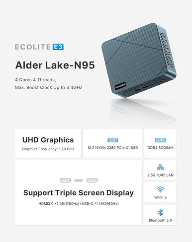 Mini PC E3 ، Intel Alder Lake N150 Mini Computers ، 16GB DDR4 512GB M.2 NVME SSD ، USB-C MINI PC Display ، 2.5G RJ45 LAN ، 4*USB 3.2 in Kuwait