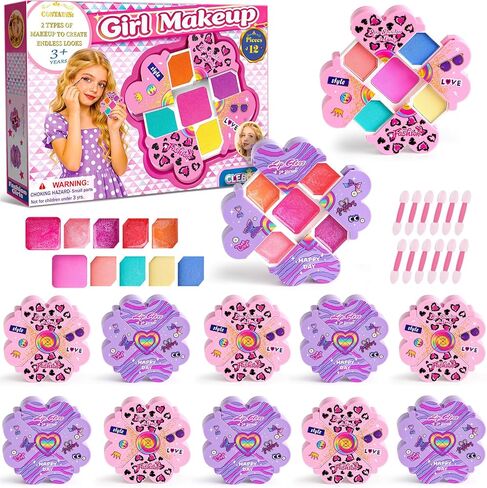 Cleboen Kids Makeup Kit for Girls, 12Pcs Washable Toy Cosmetics Set with Eyeshadow Lip Gloss Brushes, Water-Based Play Makeup for Ages 3+, Birthday Party Dress Up Gift Sleepover Party Favors Toy in Saudi Arabia