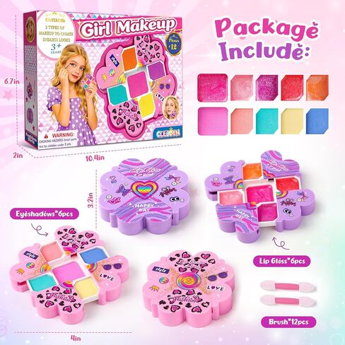 Cleboen Kids Makeup Kit for Girls, 12Pcs Washable Toy Cosmetics Set with Eyeshadow Lip Gloss Brushes, Water-Based Play Makeup for Ages 3+, Birthday Party Dress Up Gift Sleepover Party Favors Toy in Saudi Arabia