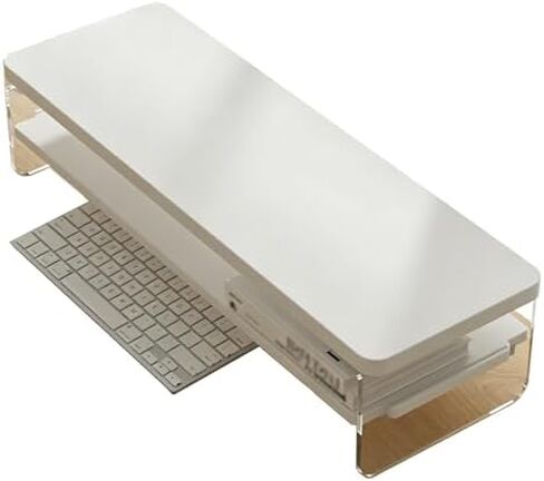 C Acrylic Monitor Stand Riser - 2 Tier Desk Organizer Shelf for Laptop, Computer, & Office Supplies - Stylish White Storage Solution for Home & Workspace in Kuwait