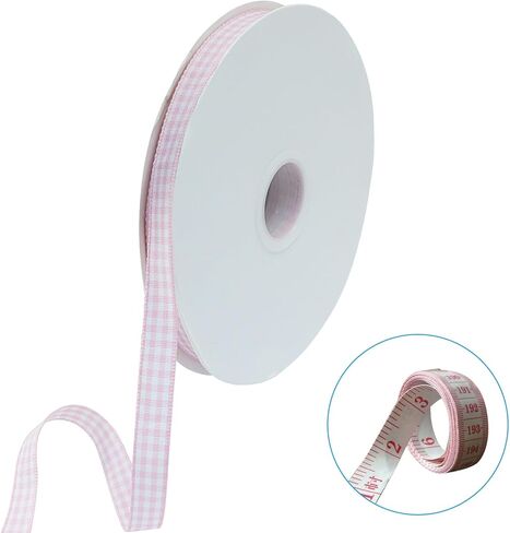 3/8 Inch 50 Yards Gingham Plaid Ribbon with 60" Tape, Pink and White Checked Buffalo Ribbon for Gift Wrap/Hair Bows/Crafts in Saudi Arabia