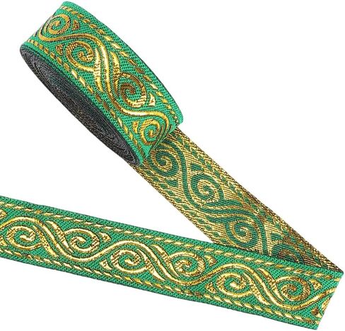 GORGECRAFT 7 Yards Metallic Gold Jacquard Ribbon Trim 3/4 Inch Wide Ethnic Vintage Boho Double Sided Embroidered Woven Trim Fringe Flat Fabric for Bag Hat Clothing Garments Sewing Crafts Dark Green in Kuwait