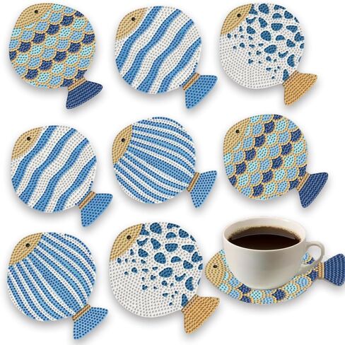 8 Pcs Ocean Fish Diamond Painting Coasters with Holder, 10x12.4cm Wooden DIY Craft Kit for Adults, 5D Sparkling Sea Life Art for Coastal Decor, Table Protection Gift in Kuwait