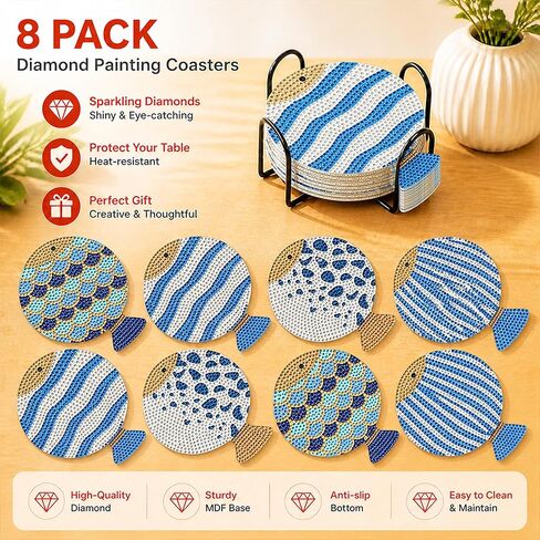 8 Pcs Ocean Fish Diamond Painting Coasters with Holder, 10x12.4cm Wooden DIY Craft Kit for Adults, 5D Sparkling Sea Life Art for Coastal Decor, Table Protection Gift in Kuwait