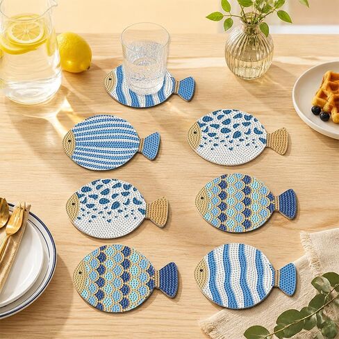 8 Pcs Ocean Fish Diamond Painting Coasters with Holder, 10x12.4cm Wooden DIY Craft Kit for Adults, 5D Sparkling Sea Life Art for Coastal Decor, Table Protection Gift in Kuwait