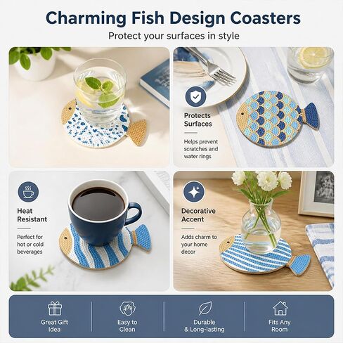 8 Pcs Ocean Fish Diamond Painting Coasters with Holder, 10x12.4cm Wooden DIY Craft Kit for Adults, 5D Sparkling Sea Life Art for Coastal Decor, Table Protection Gift in Kuwait