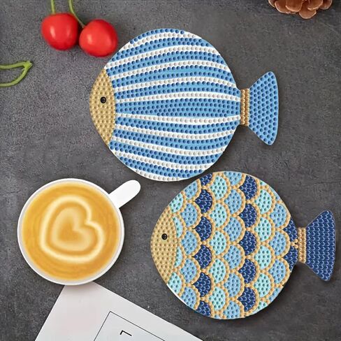 8 Pcs Ocean Fish Diamond Painting Coasters with Holder, 10x12.4cm Wooden DIY Craft Kit for Adults, 5D Sparkling Sea Life Art for Coastal Decor, Table Protection Gift in Kuwait