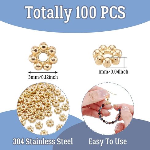 Elecrelive 100Pcs Stainless Steel Spacer Beads 18K Gold Plated Flower Beads 3mm Daisy Spacers for Jewelry Bracelet Necklace Making in Kuwait