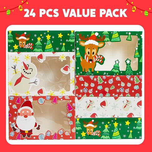 JOYIN 24 PCS Christmas Foil Treats Cookie Gift Box (8.75" x 5.75" x 2.75") Colorful Pattern with Window for Pastries, Cupcakes, Cookies, Brownies, Donuts Gift-Giving in Saudi Arabia