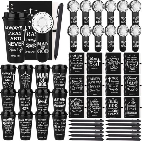 Havawish 48 Pcs/ 12 Sets Christian Gifts for Men Father's Day Man of God Present Box Religious Basket Catholic Spiritual Pastor Appreciation Gift with Coffee Mug Notebook Pen Fan for Dad Husband in Kuwait