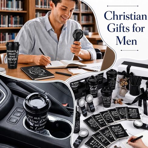 Havawish 48 Pcs/ 12 Sets Christian Gifts for Men Father's Day Man of God Present Box Religious Basket Catholic Spiritual Pastor Appreciation Gift with Coffee Mug Notebook Pen Fan for Dad Husband in Kuwait