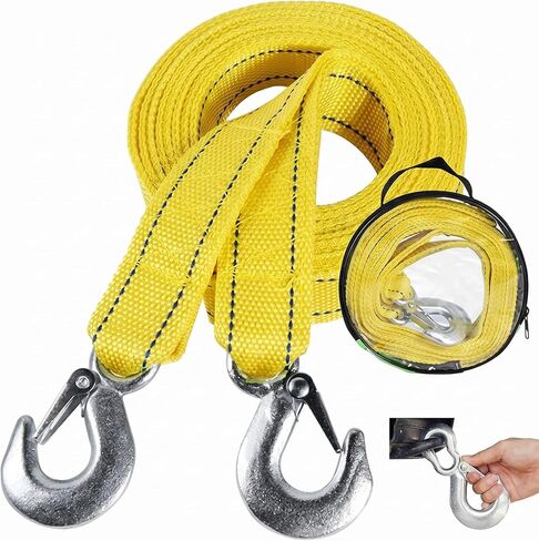 Tow Rope Heavy Duty 13ft 10,000lbs, Recovery Strap with Forged D-Ring Hooks | 13ft nylon rope, 10,000lbs break strength, forged D-ring hooks, yellow high visibility, car truck boat in Saudi Arabia