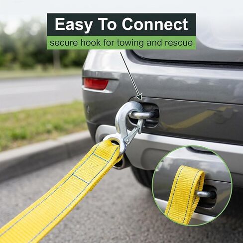 Tow Rope Heavy Duty 13ft 10,000lbs, Recovery Strap with Forged D-Ring Hooks | 13ft nylon rope, 10,000lbs break strength, forged D-ring hooks, yellow high visibility, car truck boat in Saudi Arabia