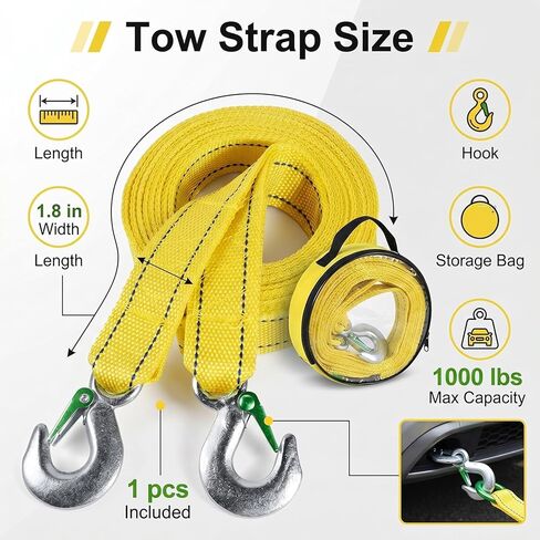 Tow Rope Heavy Duty 13ft 10,000lbs, Recovery Strap with Forged D-Ring Hooks | 13ft nylon rope, 10,000lbs break strength, forged D-ring hooks, yellow high visibility, car truck boat in Saudi Arabia