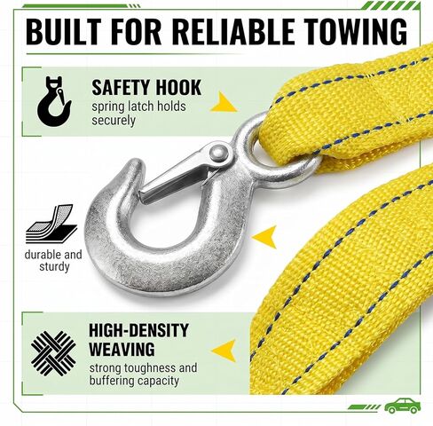 Tow Rope Heavy Duty 13ft 10,000lbs, Recovery Strap with Forged D-Ring Hooks | 13ft nylon rope, 10,000lbs break strength, forged D-ring hooks, yellow high visibility, car truck boat in Saudi Arabia
