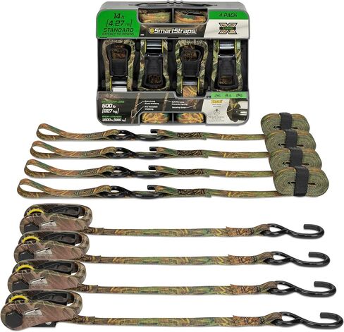 SmartStraps 14’ Camo X Ratchet Straps, 4 Pack — Standard Duty Camo Ratchet Straps, 1,500lb Break Strength, 500lb Safe Work Load — Haul Dirt Bikes, ATVs, and Lawn Tractors with Patented Technology in Saudi Arabia