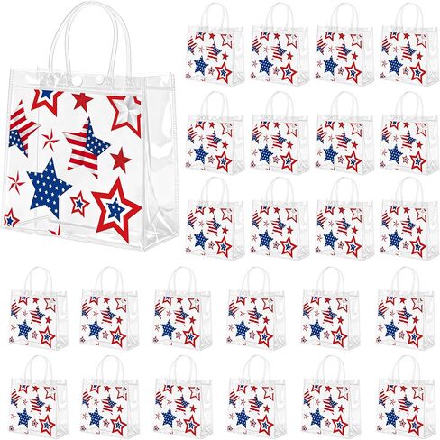 Renbuzhu 25PCS 4th of July Patriotic Gift Bags 8 x 8 x 3Inches: Clear PVC Plastic Treat Bags With Handles Independence Day 250th Anniversary Memorial Day Party Supplies in Saudi Arabia