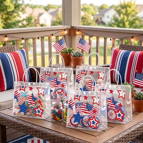 Renbuzhu 25PCS 4th of July Patriotic Gift Bags 8 x 8 x 3Inches: Clear PVC Plastic Treat Bags With Handles Independence Day 250th Anniversary Memorial Day Party Supplies in Saudi Arabia