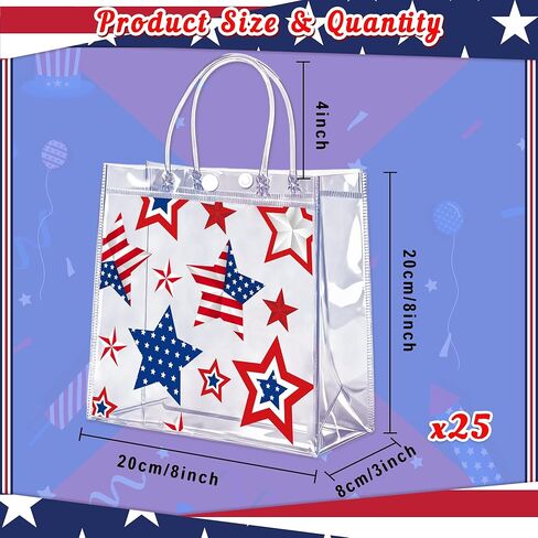 Renbuzhu 25PCS 4th of July Patriotic Gift Bags 8 x 8 x 3Inches: Clear PVC Plastic Treat Bags With Handles Independence Day 250th Anniversary Memorial Day Party Supplies in Saudi Arabia