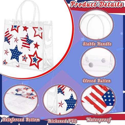Renbuzhu 25PCS 4th of July Patriotic Gift Bags 8 x 8 x 3Inches: Clear PVC Plastic Treat Bags With Handles Independence Day 250th Anniversary Memorial Day Party Supplies in Saudi Arabia