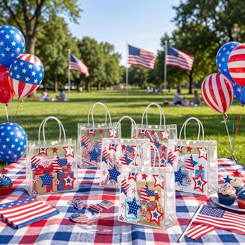 Renbuzhu 25PCS 4th of July Patriotic Gift Bags 8 x 8 x 3Inches: Clear PVC Plastic Treat Bags With Handles Independence Day 250th Anniversary Memorial Day Party Supplies in Saudi Arabia