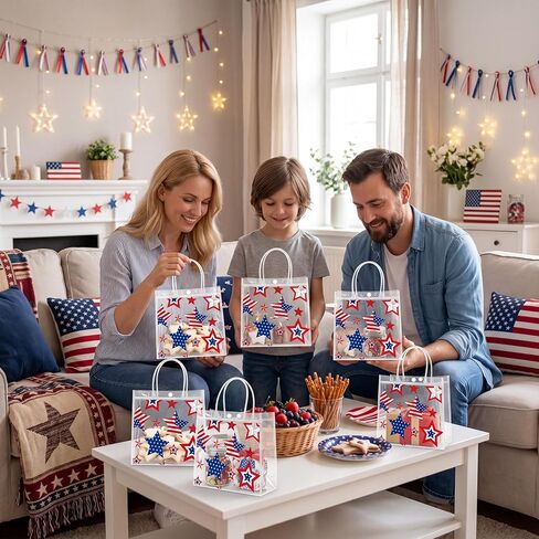 Renbuzhu 25PCS 4th of July Patriotic Gift Bags 8 x 8 x 3Inches: Clear PVC Plastic Treat Bags With Handles Independence Day 250th Anniversary Memorial Day Party Supplies in Saudi Arabia