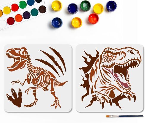 MAYJOYDIY 2 قطعة استنسل ديناصور للرسم 11.8 × 11.8 بوصة استنسل رسم حرفي تيرانوصور مع فرشاة للرسم على الحائط الخشبي لتزيين المنزل بنفسك in Kuwait