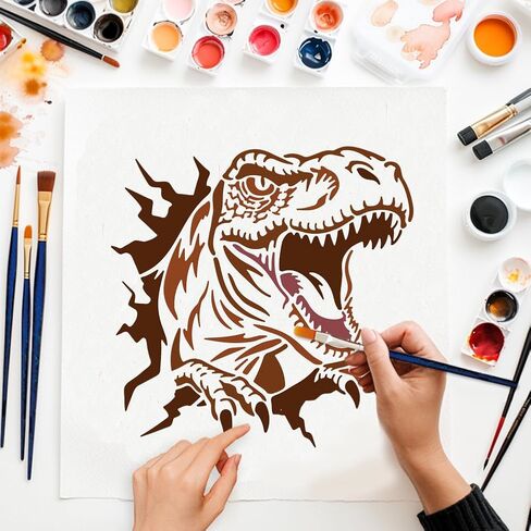 MAYJOYDIY 2 قطعة استنسل ديناصور للرسم 11.8 × 11.8 بوصة استنسل رسم حرفي تيرانوصور مع فرشاة للرسم على الحائط الخشبي لتزيين المنزل بنفسك in Kuwait
