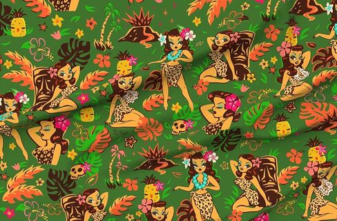 Spoonflower Fabric - Tiki Green Large Art Retro Hawaii Tropical Vintage Printed on Petal Signature Cotton Fabric by The Yard - Sewing Quilting Apparel Crafts Decor in Saudi Arabia